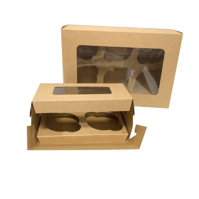 Recycle Kraft Paper Box For Bakery, Cake Cupcake Packaging With Plastic Clear Windows