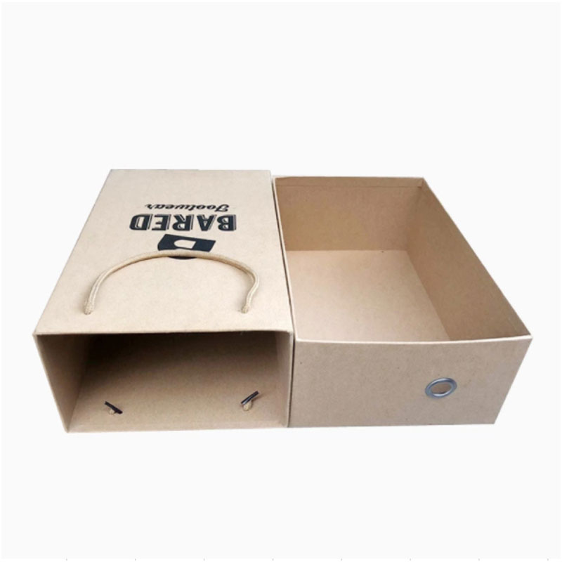 Gold Foil Brown Kraft Flute Paper Shoe Boxes With Rope Handle