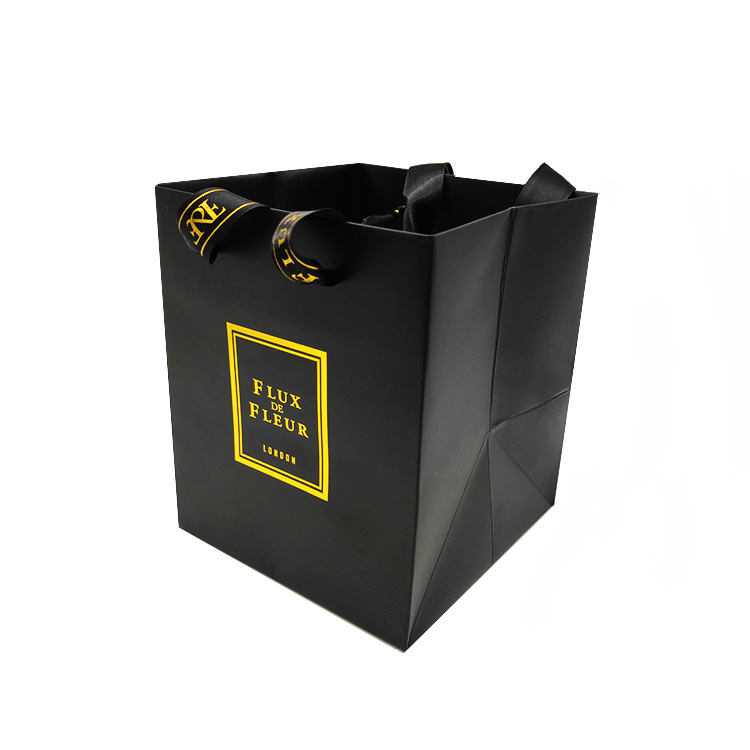 Gold Hot Foil Logo Die Cut Handle Black Paper Gift Bag With Ribbon